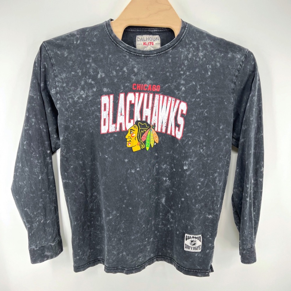 Calhoun Chicago Blackhawks XL 100% Cotton Acid Wash Black Long Sleeve NHL Hockey